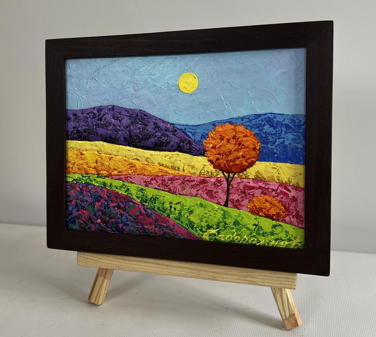 Oil painting of lonely orange tree in vibrant purple hills by V. Zadorozhnya