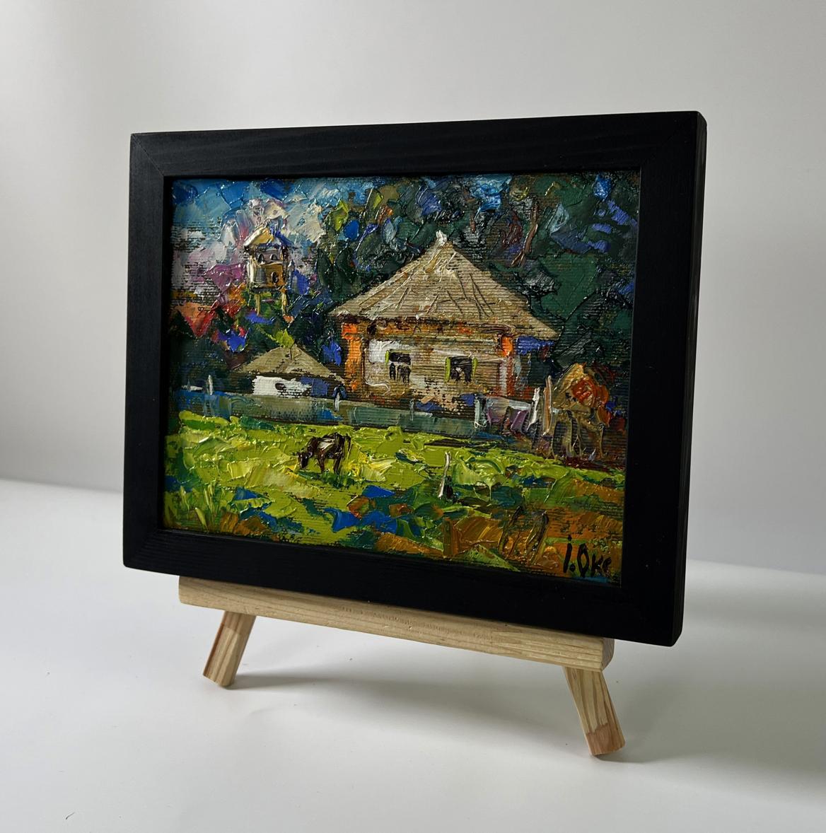 Oil painting Quiet village life by Oksana Ivanyuk in black frame