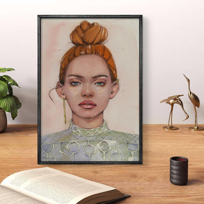Framed watercolor portrait Gaze Girl by Victoria Kagalovska