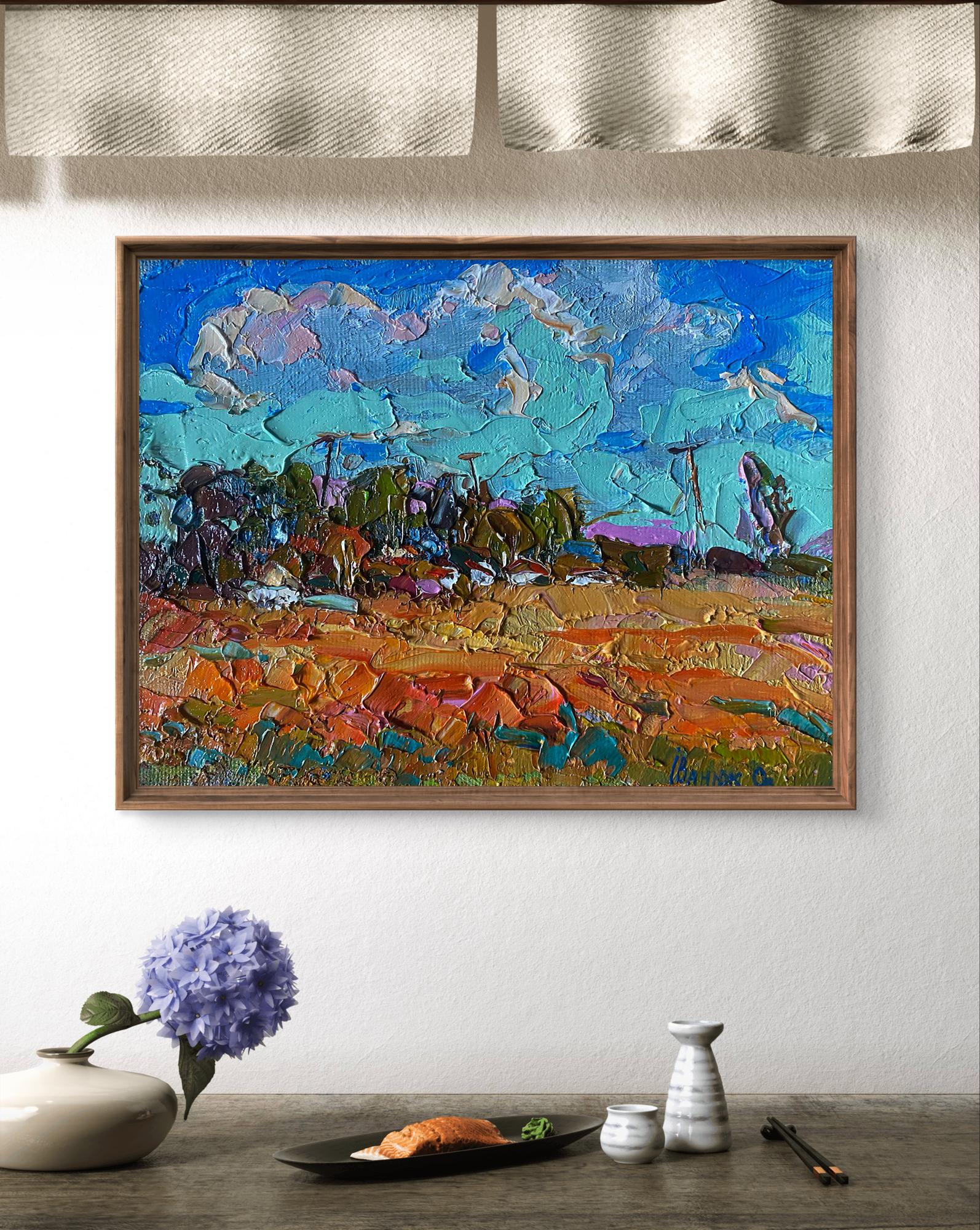 Oil painting Buckwheat stubble by Oleksiy Ivanyuk in wooden frame