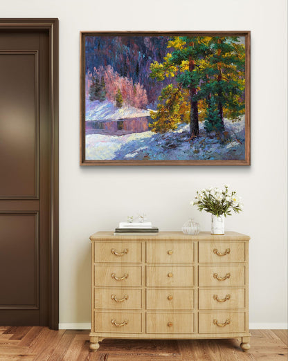 Oil painting It snowed in the mountains by Boris Serdyuk, snowy forest scene in frame