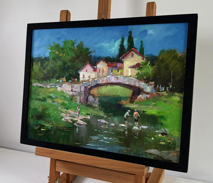 Oil painting Relaxing by the river on a summer day by Yuriy Suprunchuk in black frame