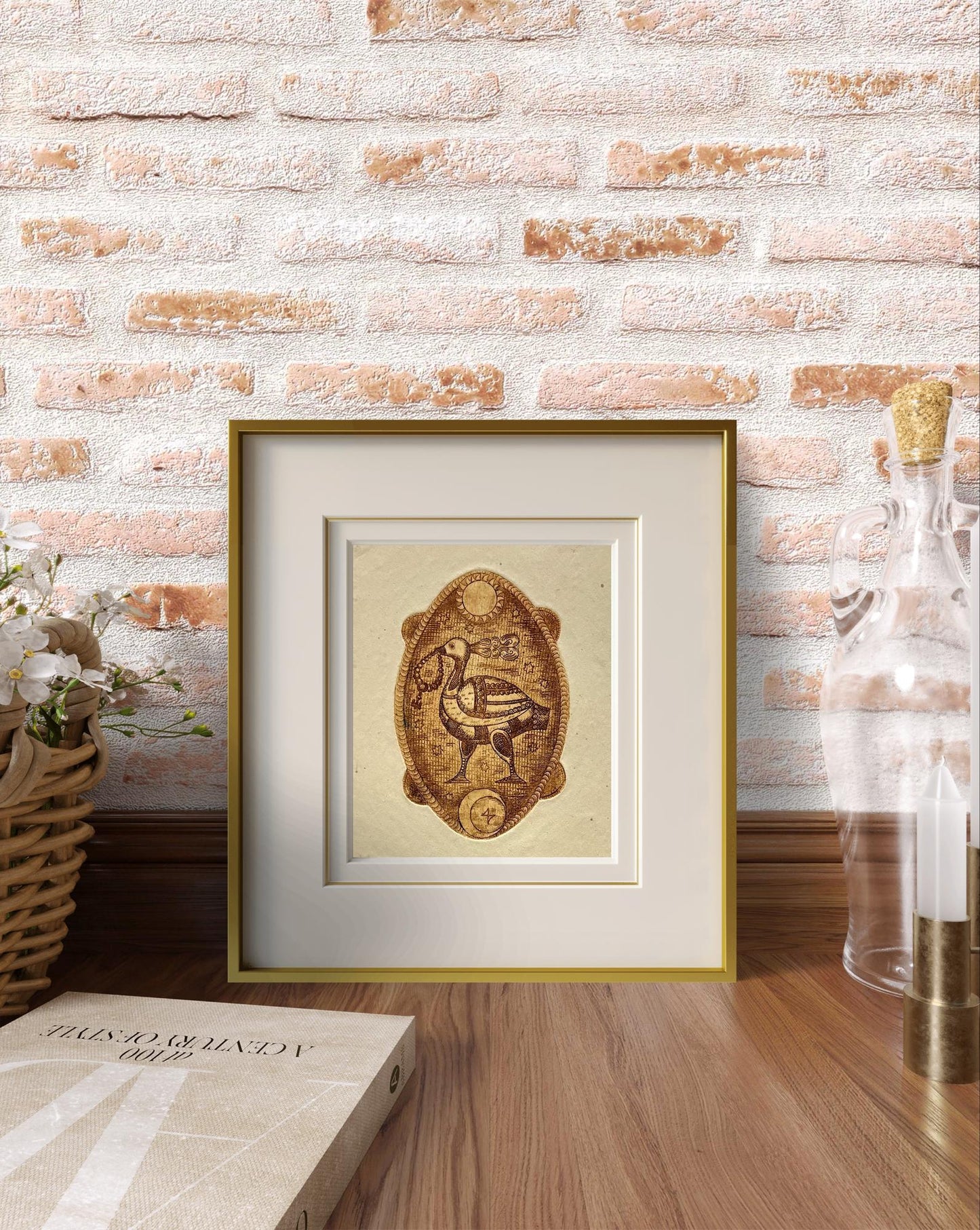Framed vintage bird illustration by Oleksandr Zhmailo on aged parchment