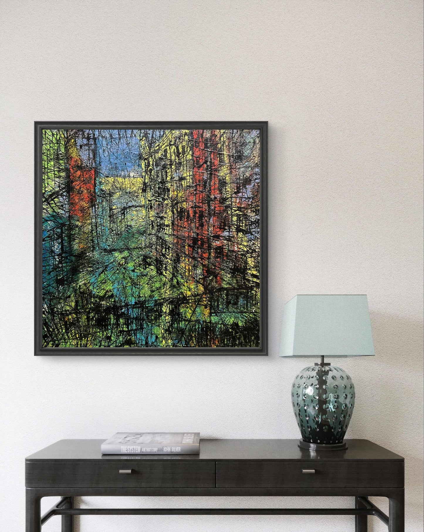 Oil painting Episode by Serhiy Kovalev in black frame with vibrant streaks