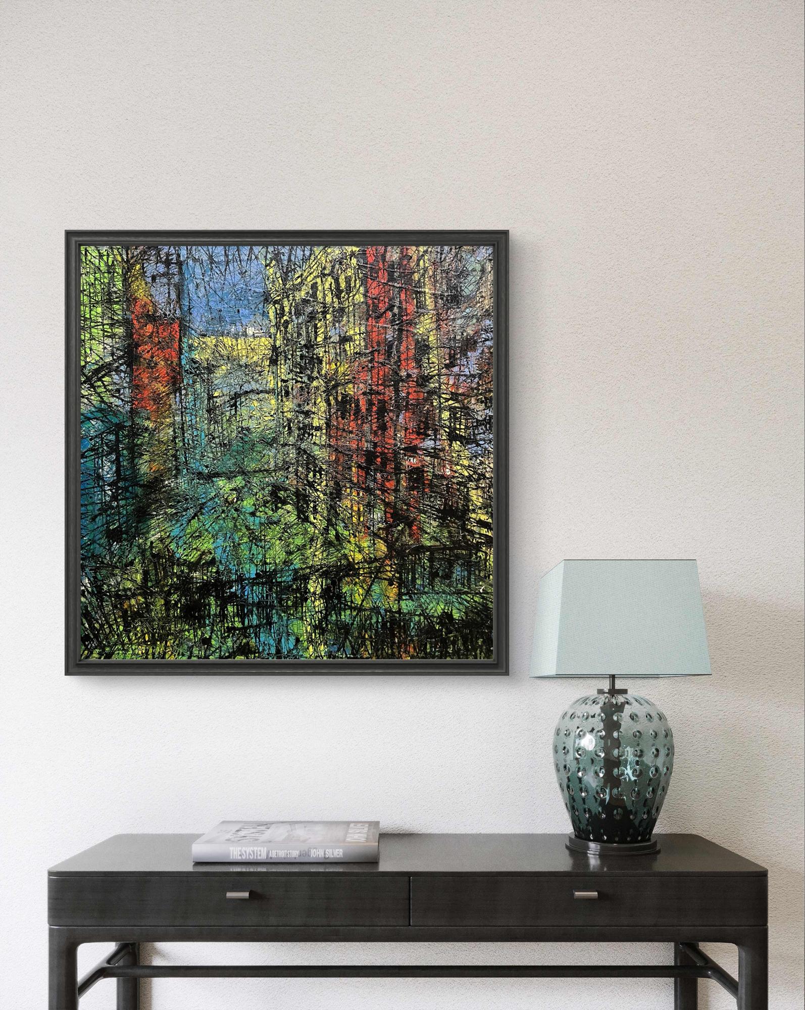 Oil painting Episode by Serhiy Kovalev in black frame with vibrant streaks