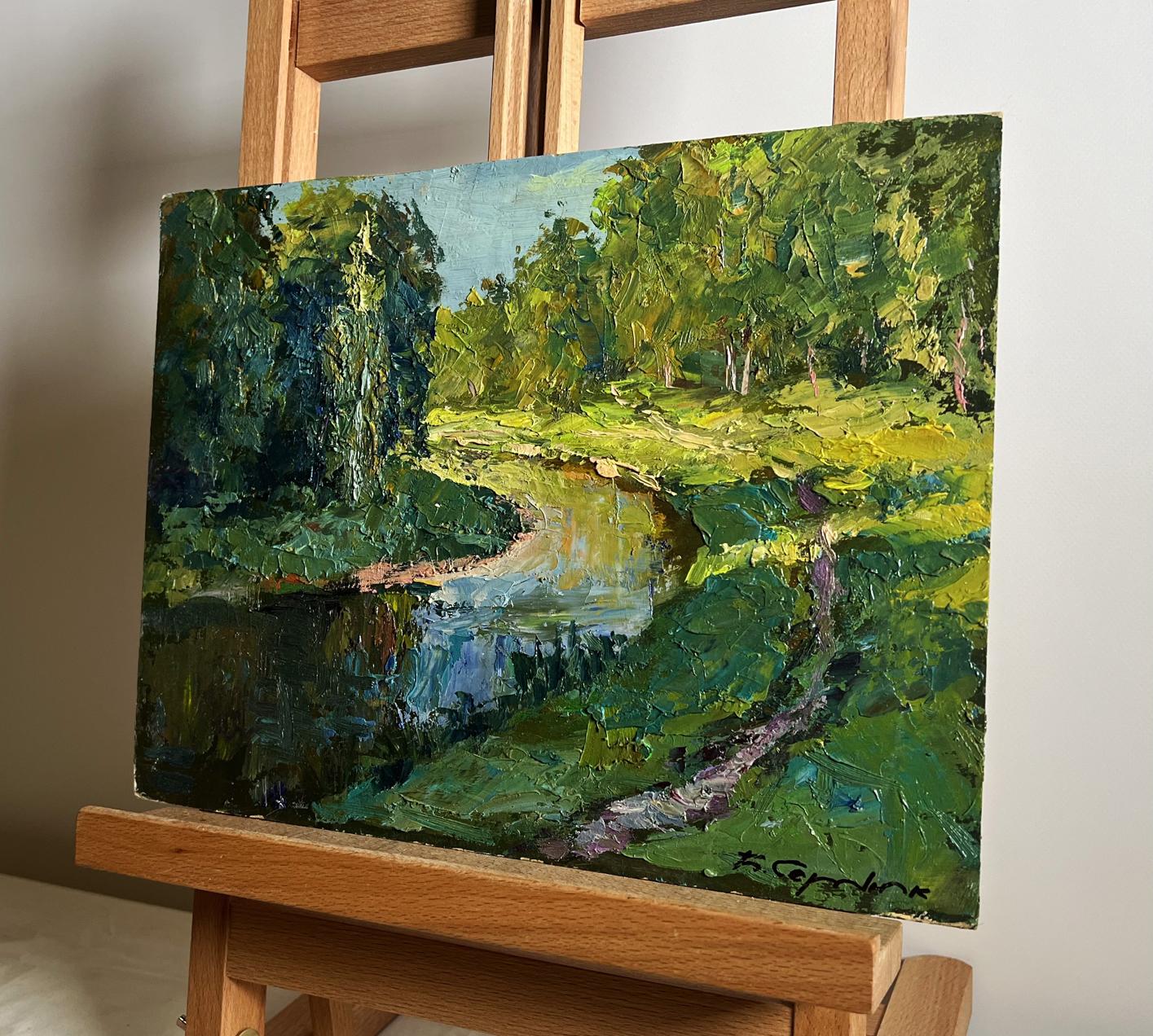Vibrant impasto oil painting of forest along river by Boris Serdyuk