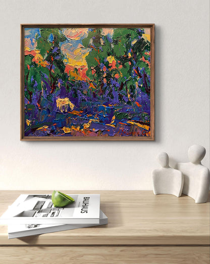 Oil painting Sunset beyond the forest by Oleksiy Ivanyuk in rustic frame