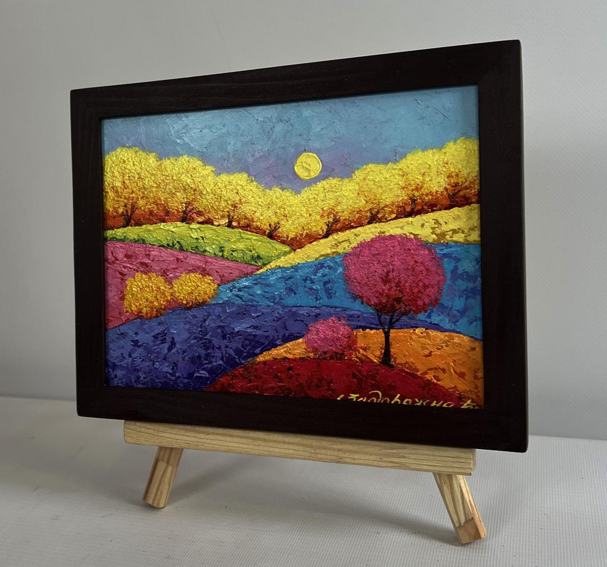 Oil painting Autumn forest in fading day light by V. Zadorozhnya, vibrant hills and moonlit sky