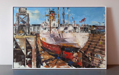 Oil painting of cargo ship Turrialba in Southampton drydock by Volodymyr Gluhomanyuk