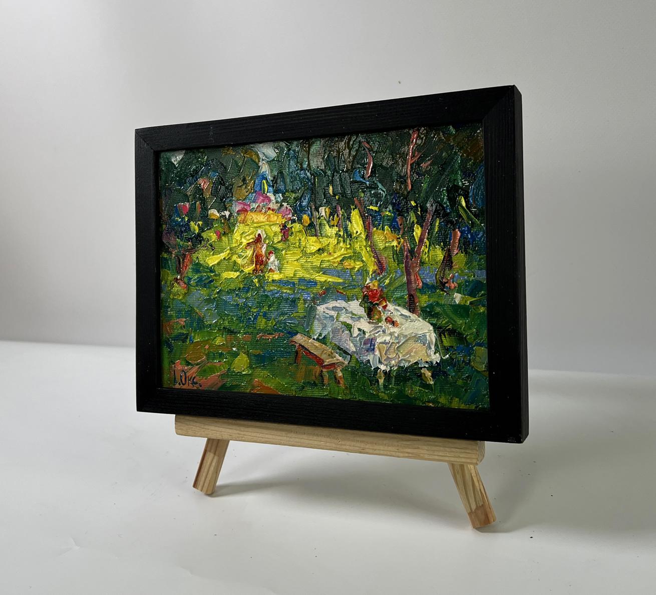Oil painting In the Morning in the Clearing by Oksana Ivanyuk in black frame
