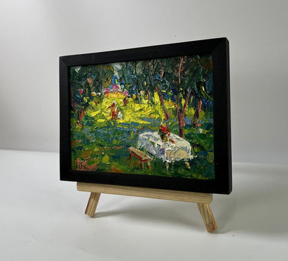 Oil painting In the Morning in the Clearing by Oksana Ivanyuk in black frame