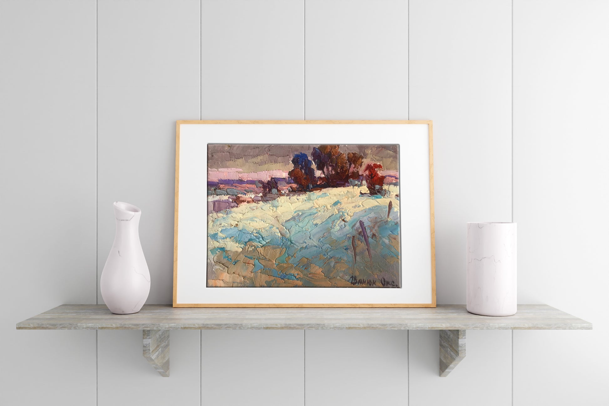 Oil painting Winter distance by Oksana Ivanyuk in light wood frame