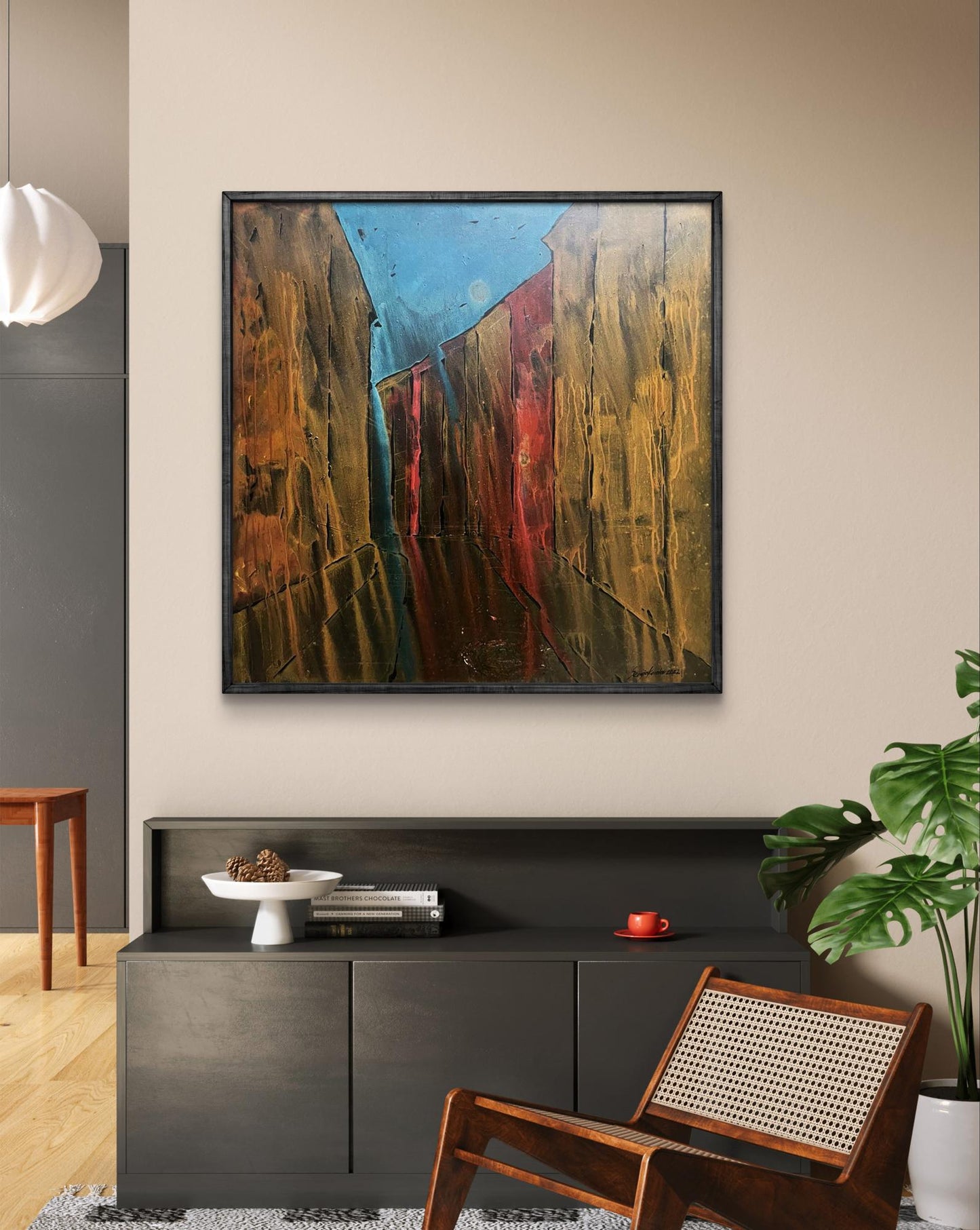 Oil painting Movement by Serhiy Kovalev with red orange blue streaks on brown