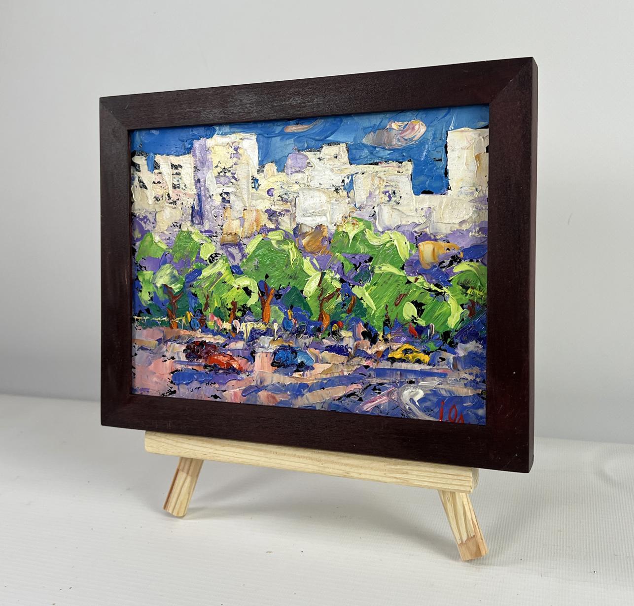 Oil painting Big city lights by Oleksiy Ivanyuk in dark wood frame