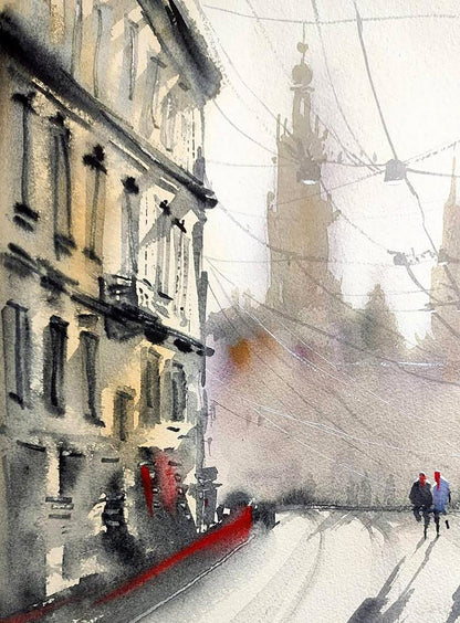 Watercolor painting Winter Morning in the City Olena Klimenko