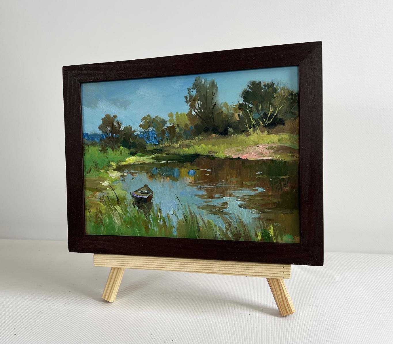 Framed oil painting Summer in green banks by Yuriy Suprunchuk lakeside scene