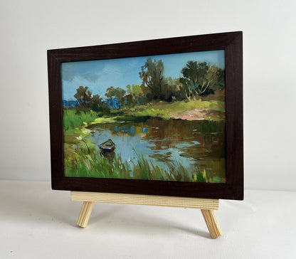 Framed oil painting Summer in green banks by Yuriy Suprunchuk lakeside scene