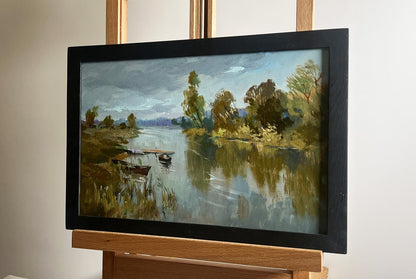 Framed oil painting Ferry on a long river by Yuriy Suprunchuk