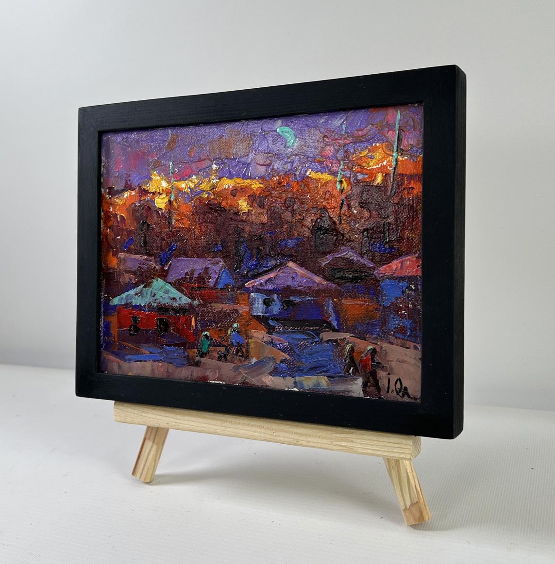 Oil painting Under the Moon by Oleksiy Ivanyuk village dusk scene framed