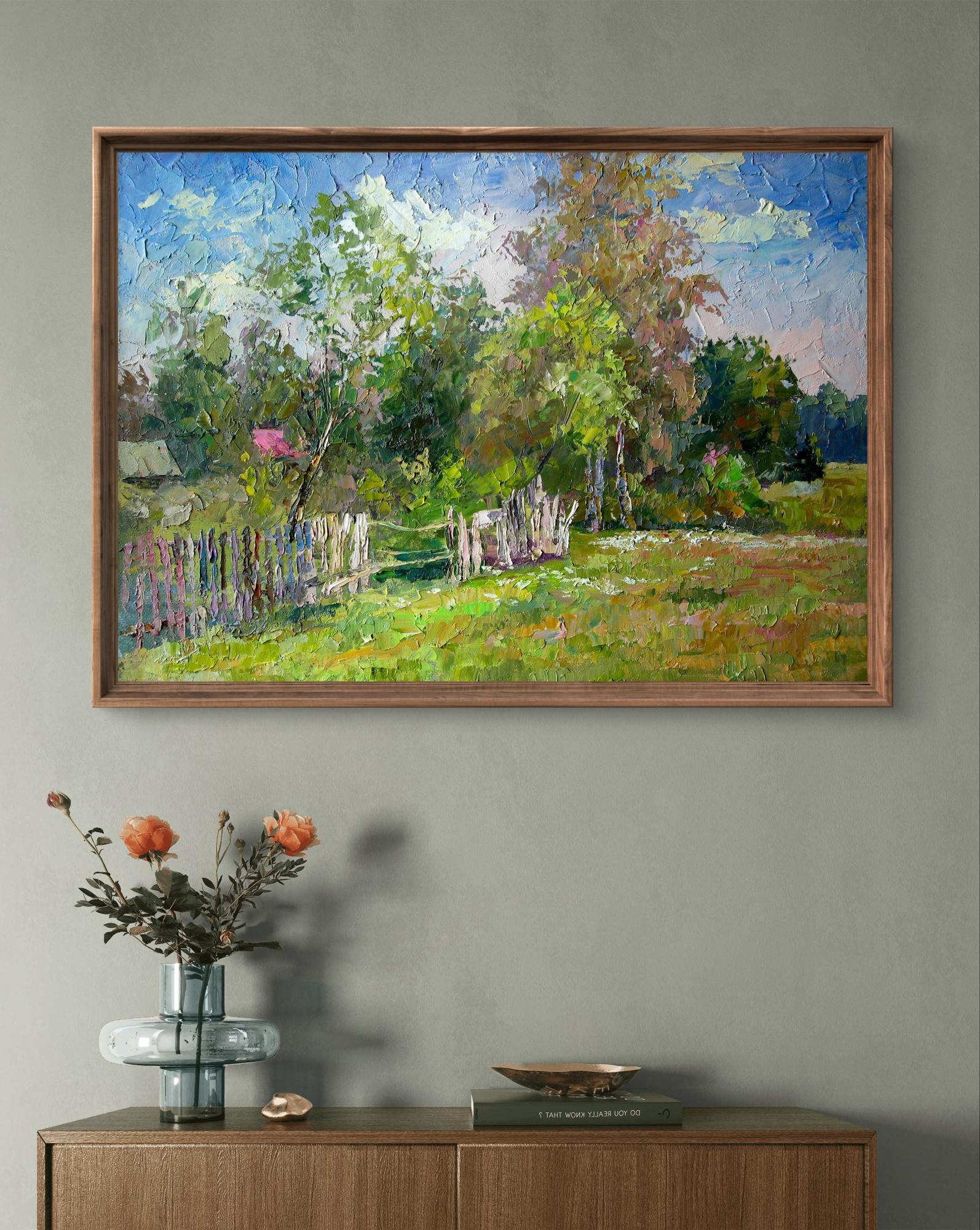 Oil painting On the outskirts by Boris Serdyuk rustic countryside scene