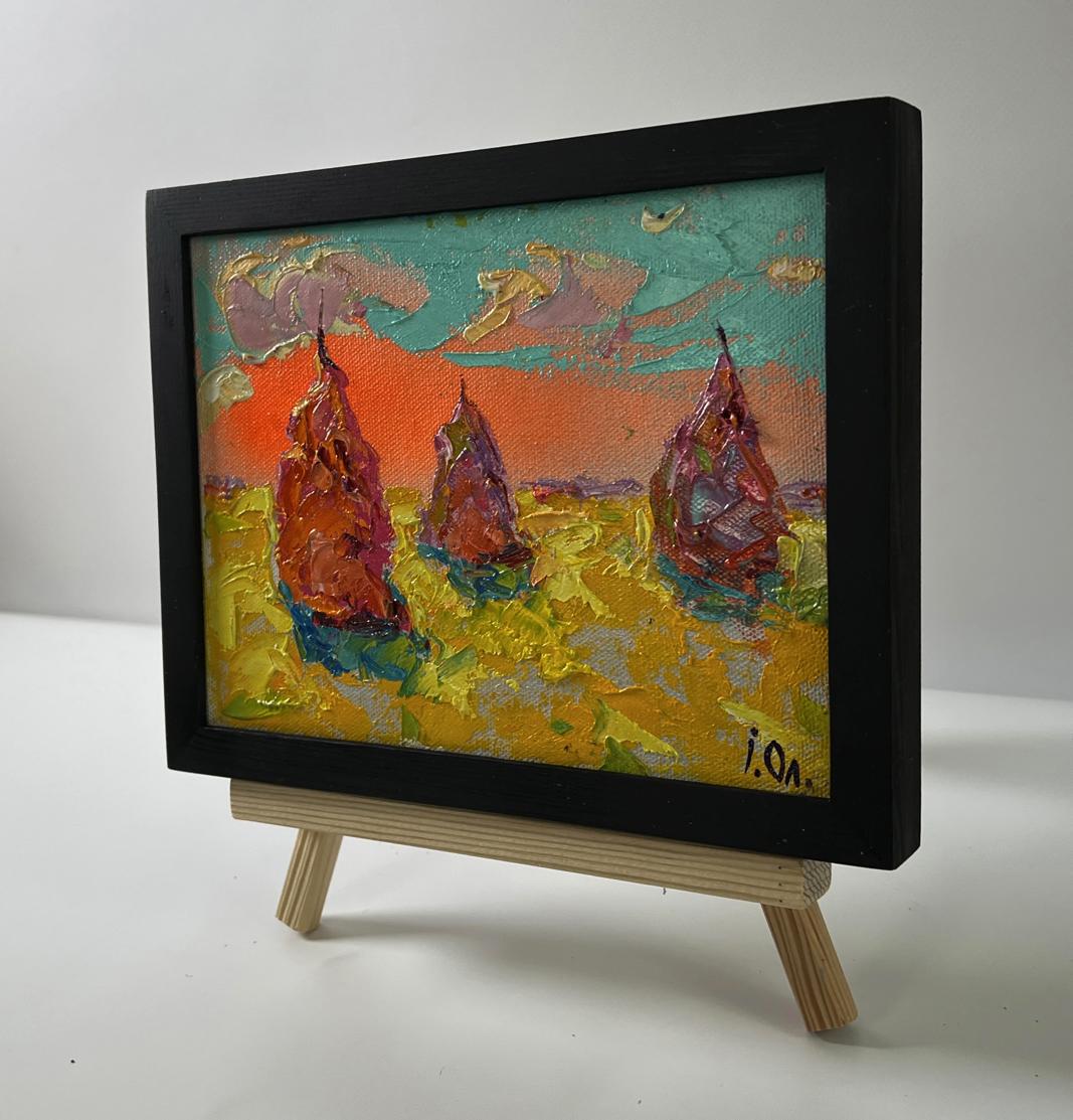 Oil painting Bright summer dawn by Oleksiy Ivanyuk, sailboats at sunset in black frame