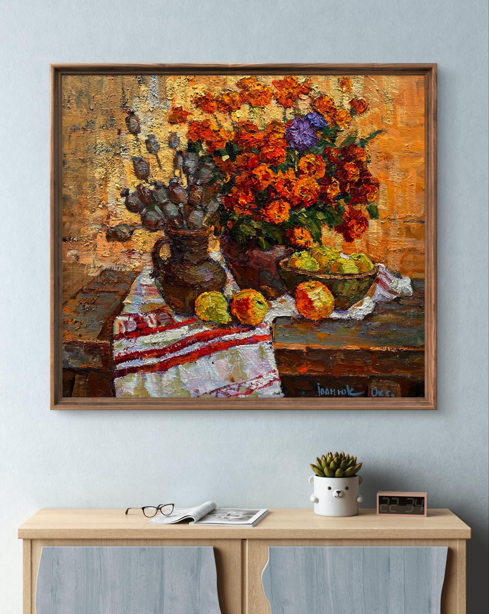 Vibrant orange purple floral oil painting Preparing for Apple Savior Oksana Ivanyuk in rustic frame