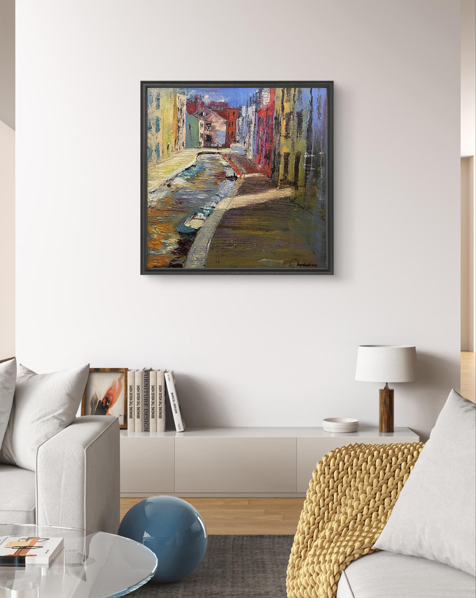 Vibrant framed Oil painting Compromise by Serhiy Kovalev canal scene