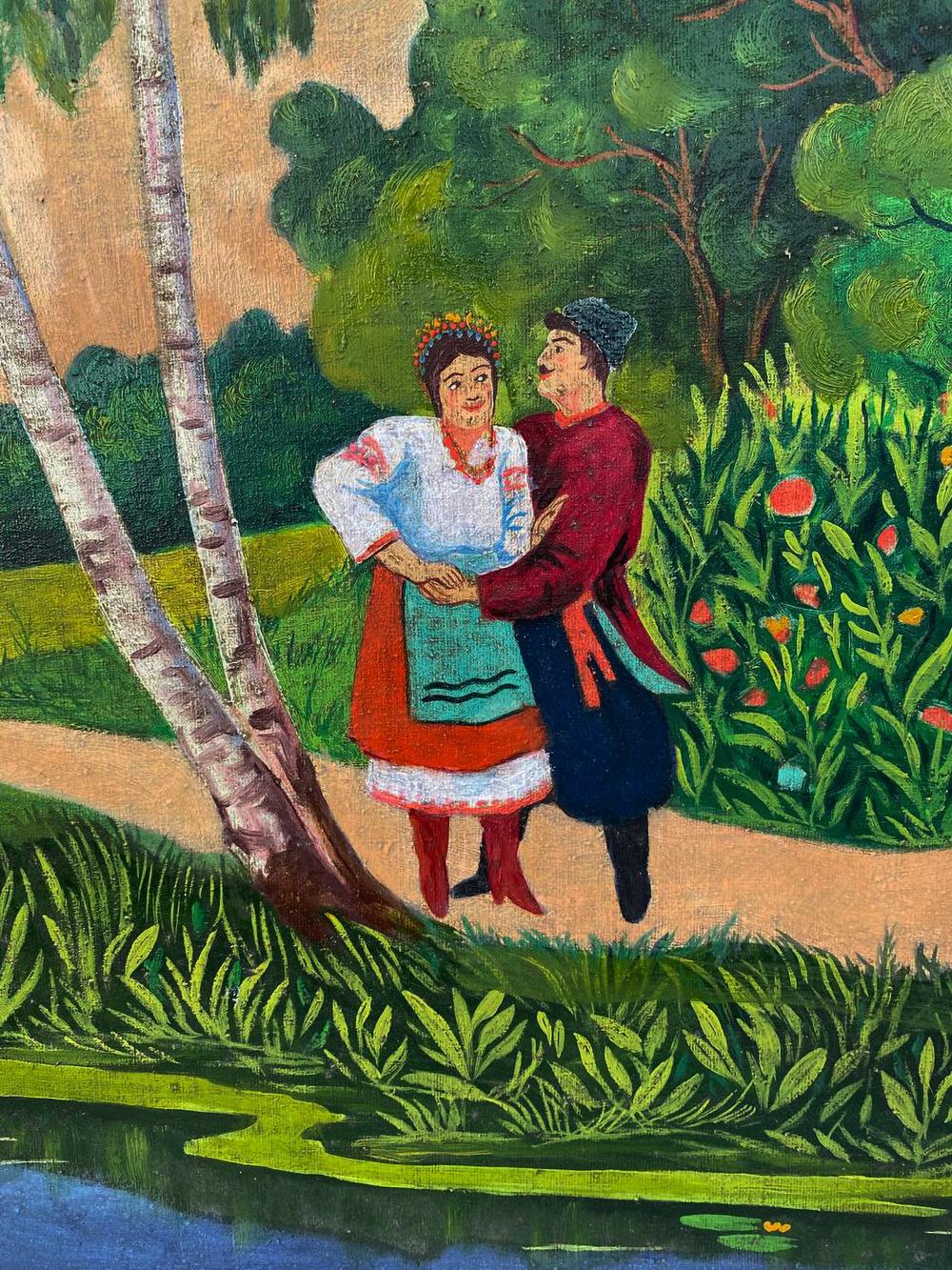 Vibrant oil painting Courtship by the Pond: couple dancing by birch trees