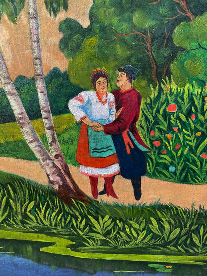 Vibrant oil painting Courtship by the Pond: couple dancing by birch trees