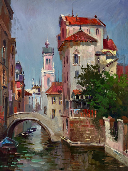 Vibrant impressionist oil painting of European canal by Yuriy Suprunchuk