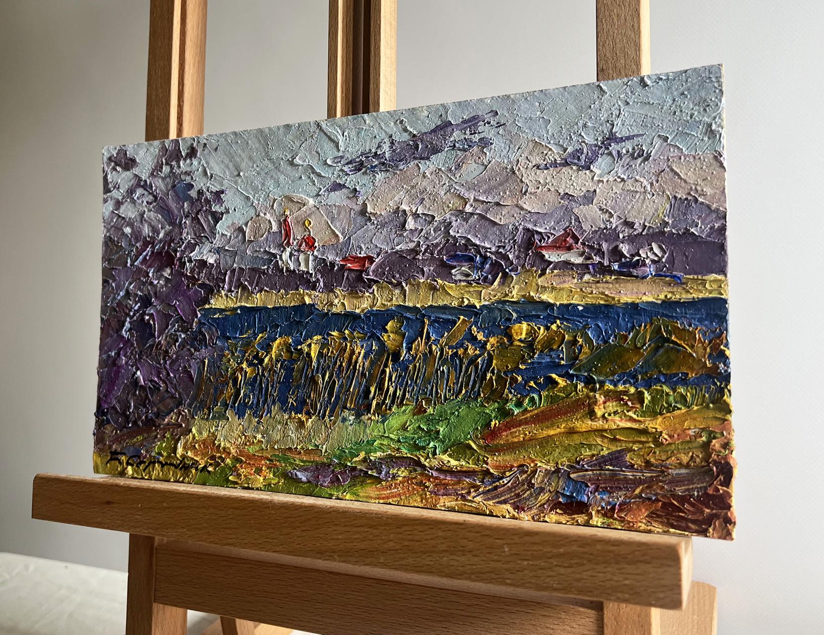 Oil painting of river and golden field by Boris Serdyuk