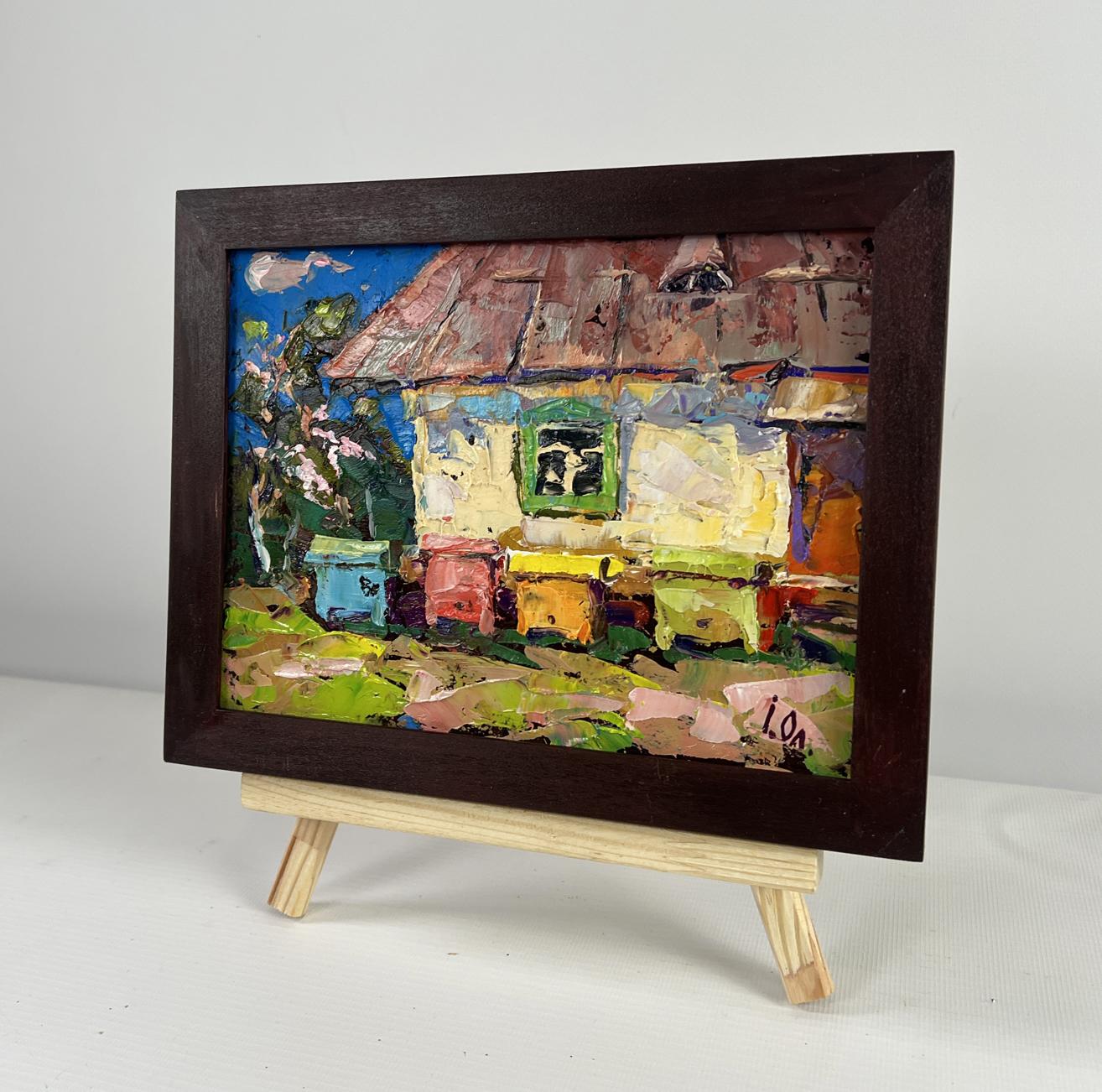 Oil painting Spring is coming to the yard by Oleksiy Ivanyuk with beehives
