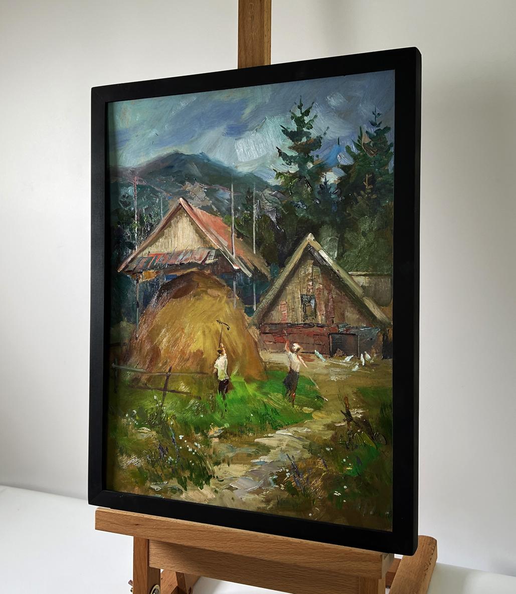 Black-framed impressionistic oil painting of rustic mountain village houses by Yuriy Suprunchuk