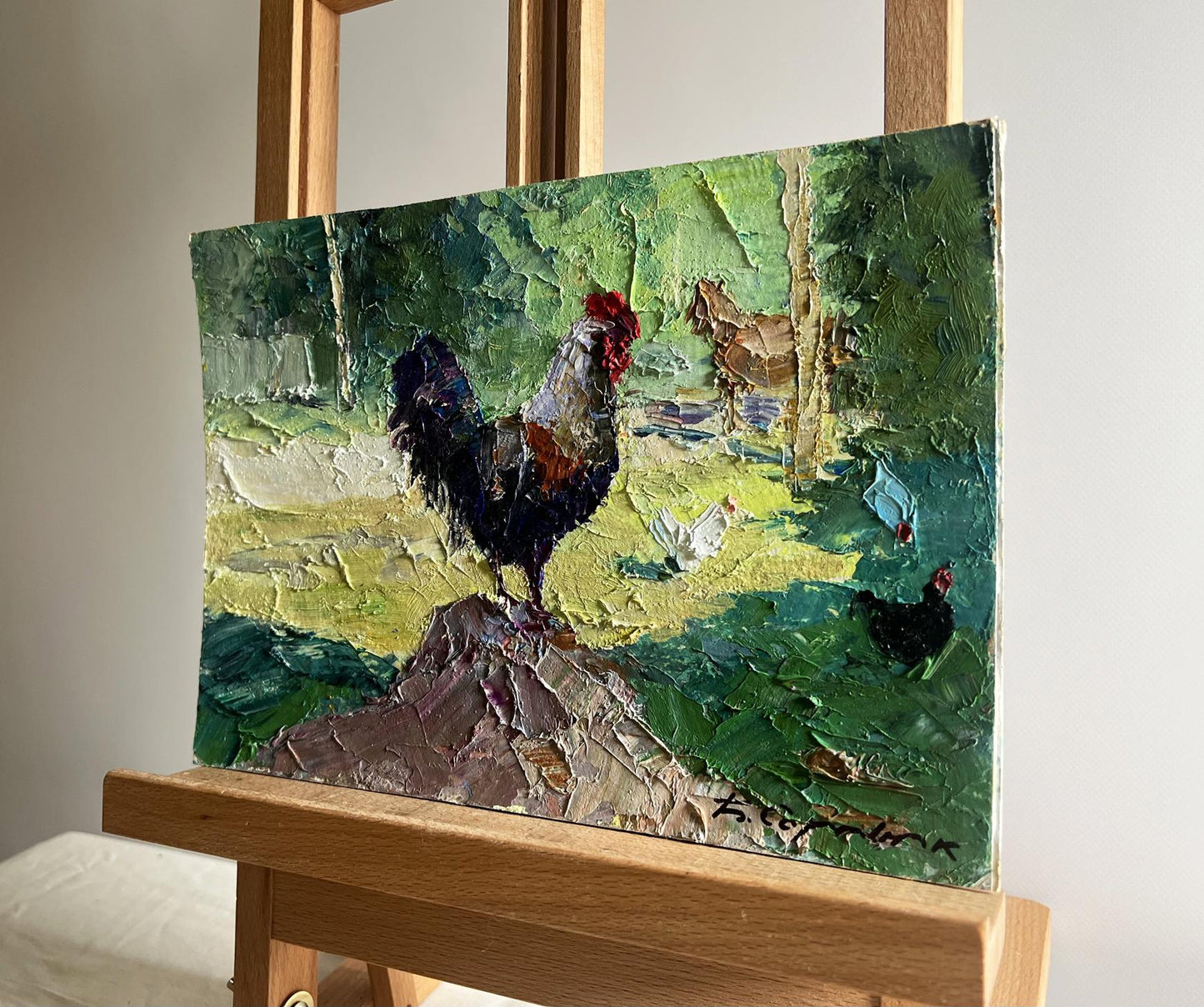 Oil painting Master of the Yard by Boris Serdyuk, vibrant rural chickens scene