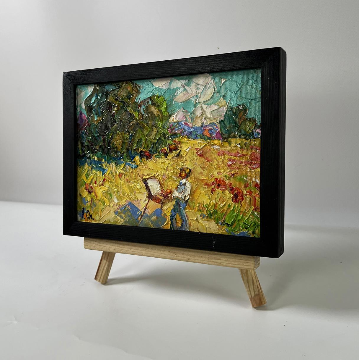 Oil painting Man in nature by Oleksiy Ivanyuk, vibrant poppies field scene