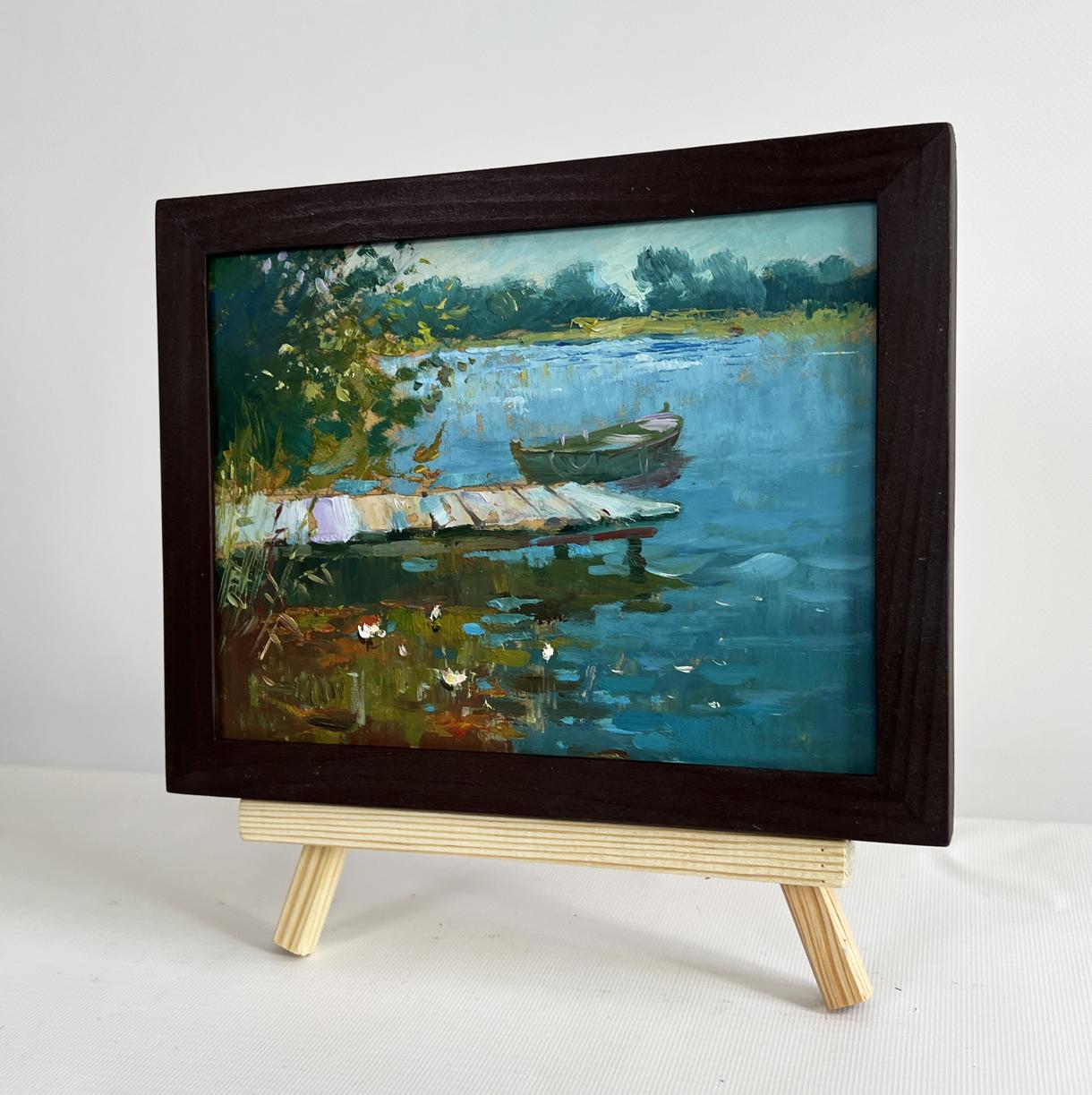 Oil painting of serene lakeside fishing holiday by Yuriy Suprunchuk