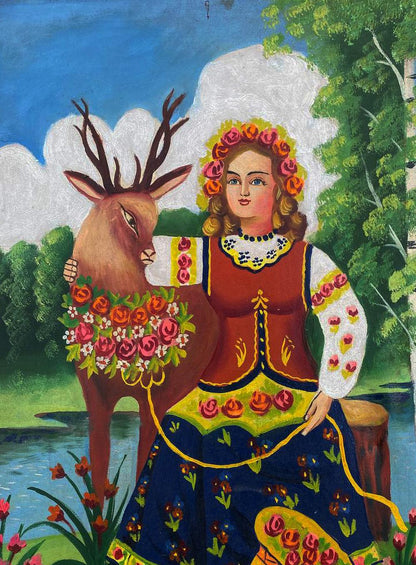 Oil painting portrait of girl in folk costume with deer and roses