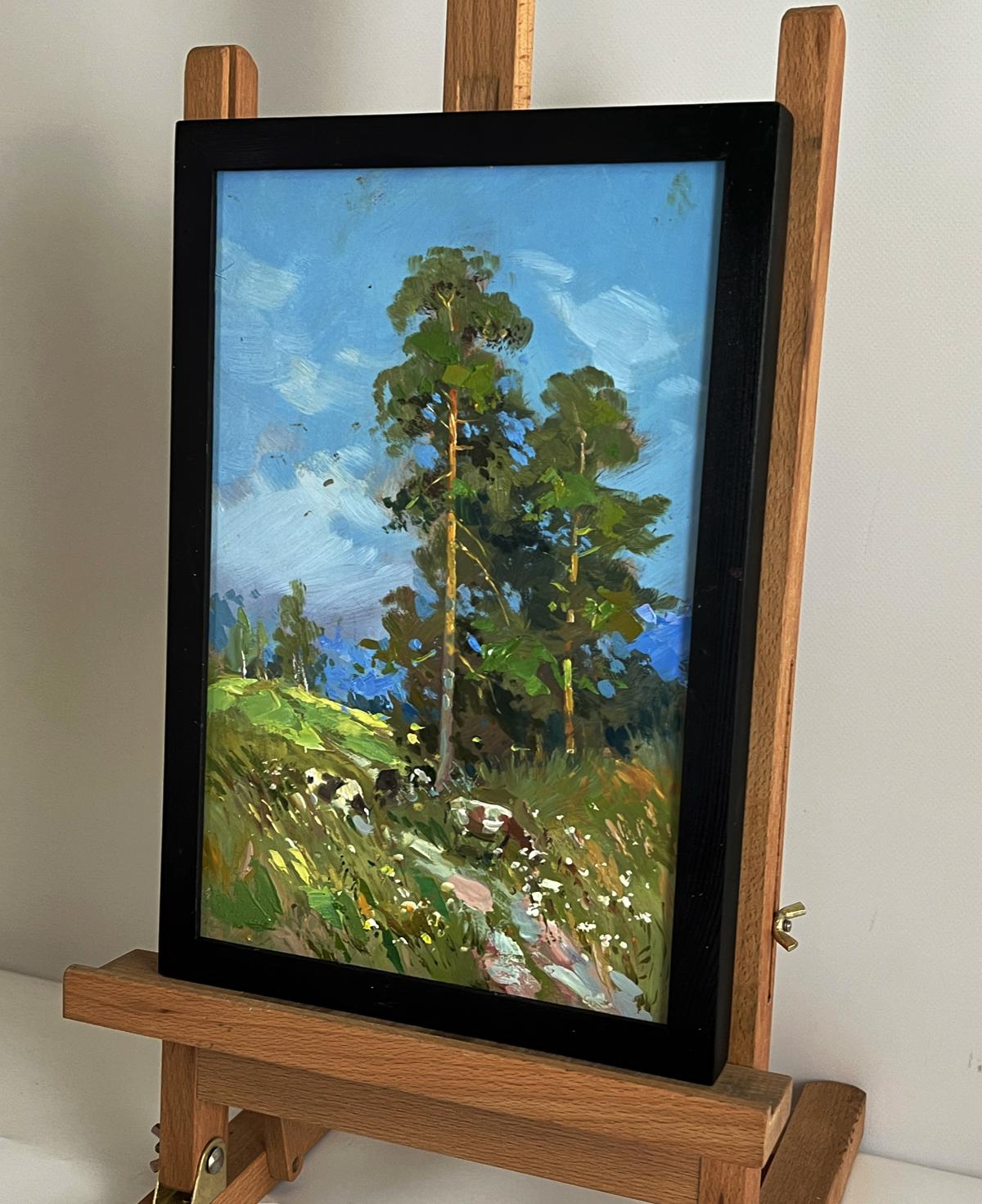 Framed oil painting by Yuriy Suprunchuk of cows in forest with wildflowers