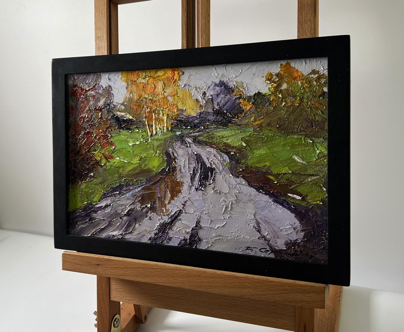 Oil painting Rainy day road by Boris Serdyuk, autumn trees and stream