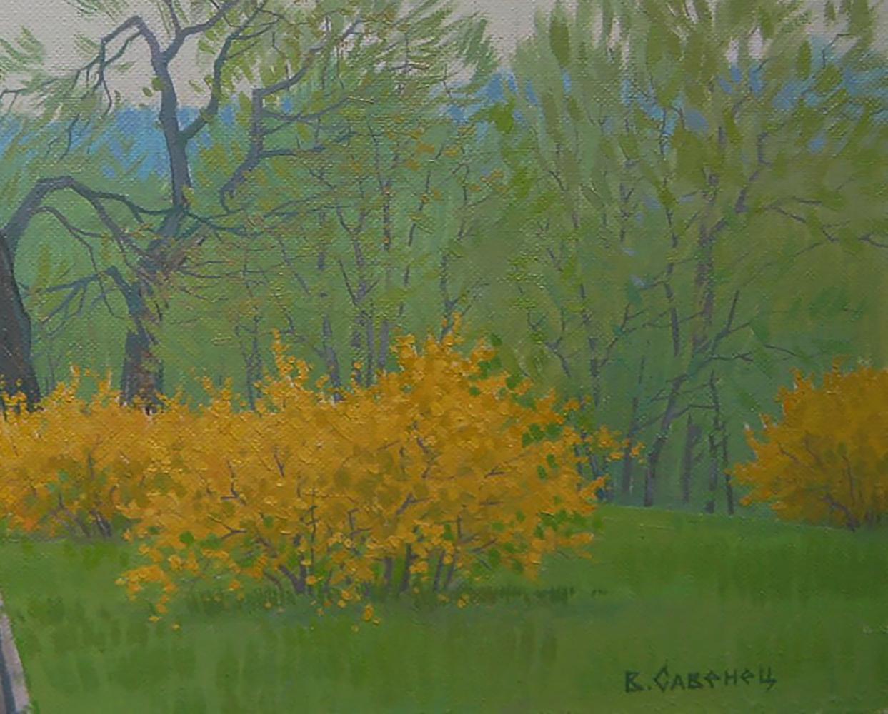 Oil painting Spring City Park by Valery Savenets: vibrant yellow flowering bushes