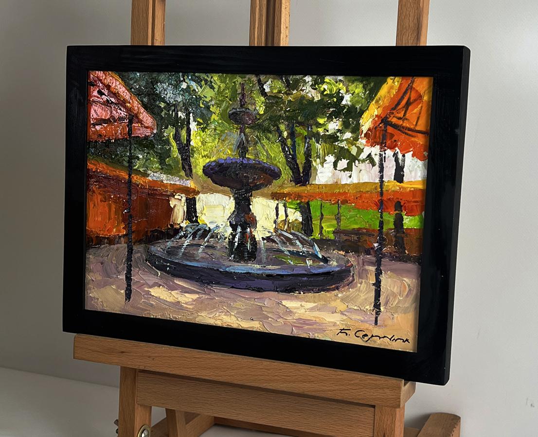 Oil painting Fountain in the city park by Boris Serdyuk in black frame