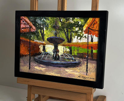 Oil painting Fountain in the city park by Boris Serdyuk in black frame