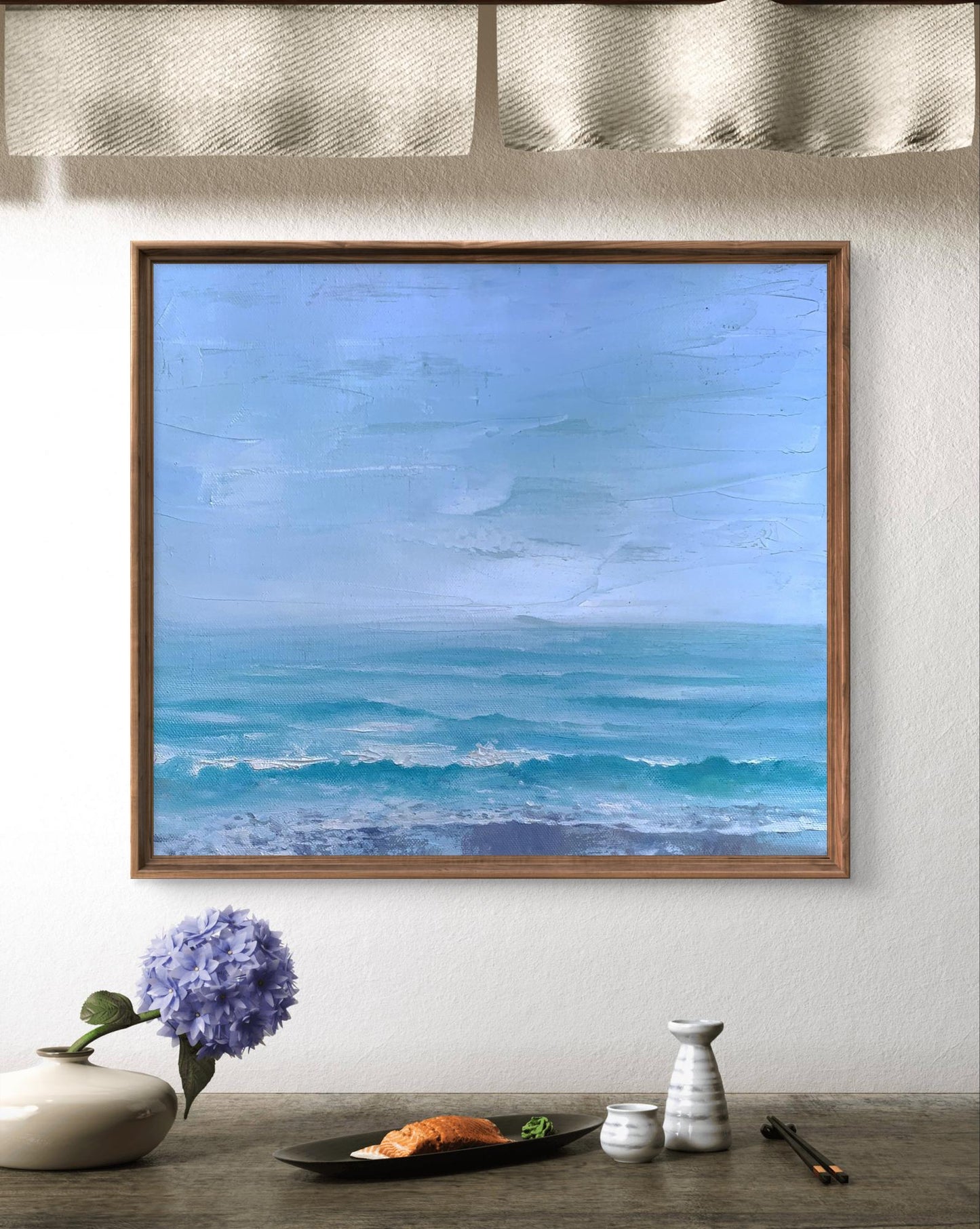 Oil painting Warm sea by Tatyana Derdey, abstract turquoise waves in wood frame