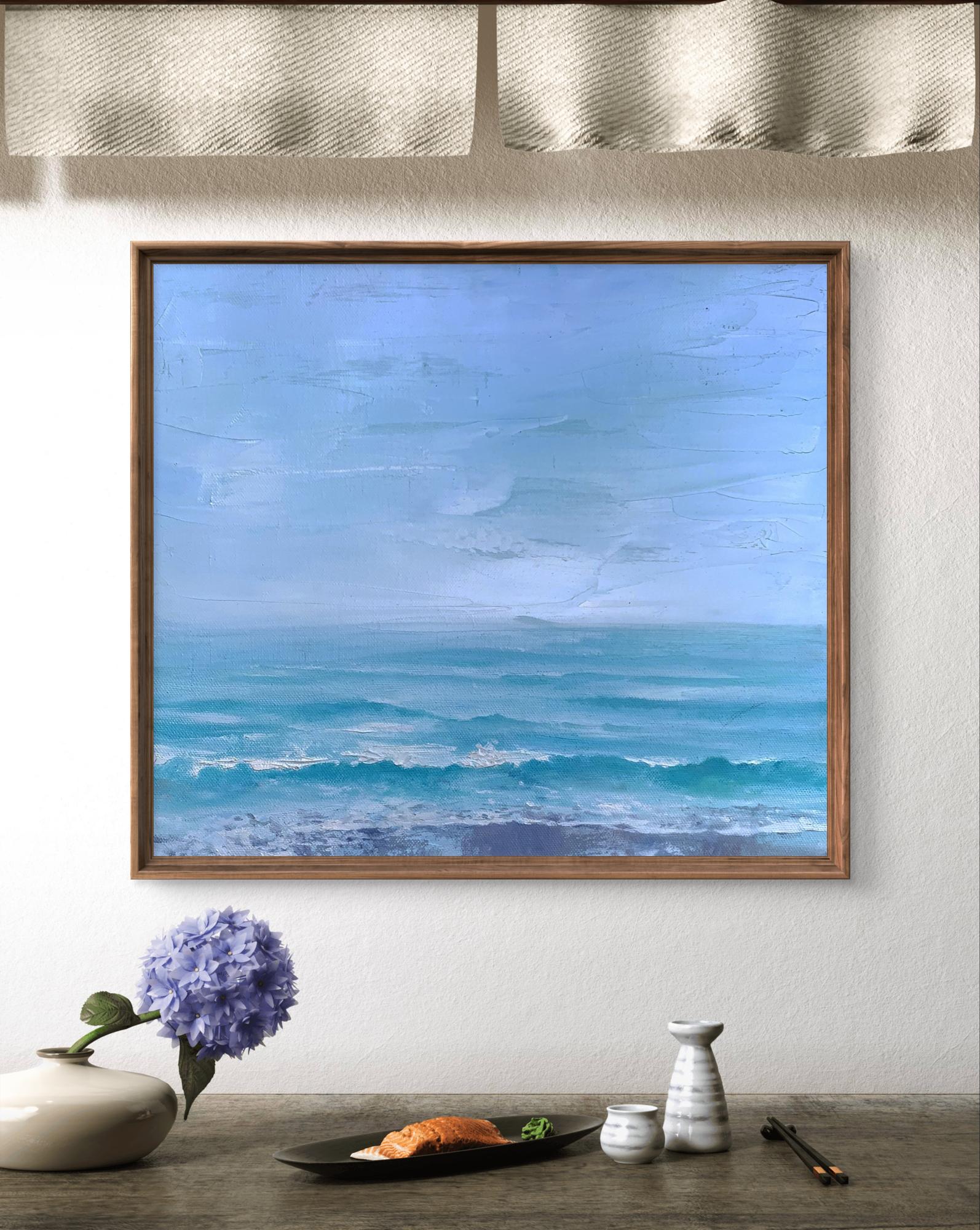 Oil painting Warm sea by Tatyana Derdey, abstract turquoise waves in wood frame