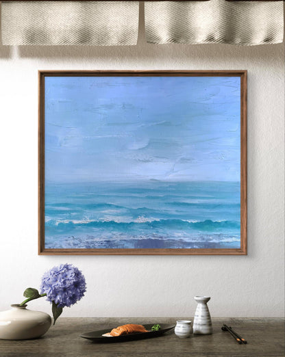 Oil painting Warm sea by Tatyana Derdey, abstract turquoise waves in wood frame