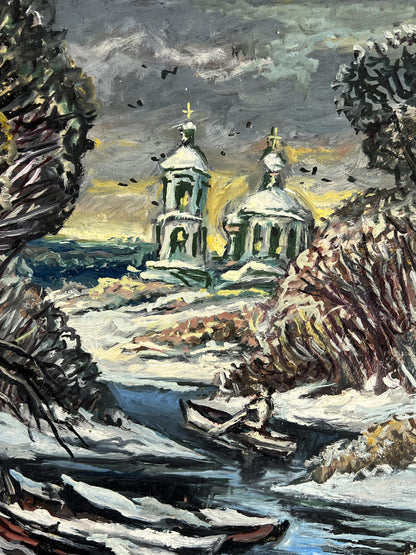 Impressionistic snow-covered church by Alexander Litvinov