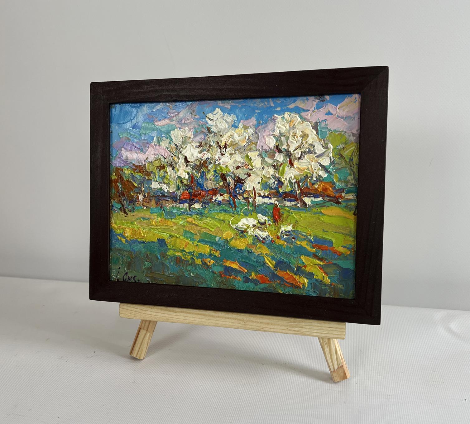 Vibrant impressionist oil painting Spring has come by Oksana Ivanyuk in dark frame on easel