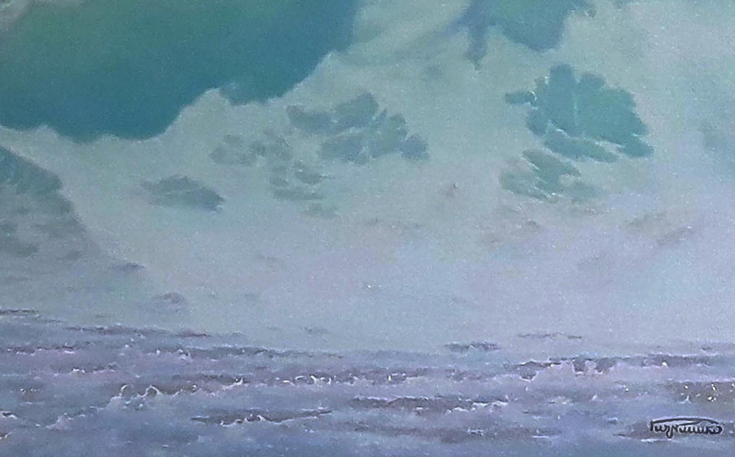 Oil painting of dynamic teal ocean wave by Vasily Korkishko