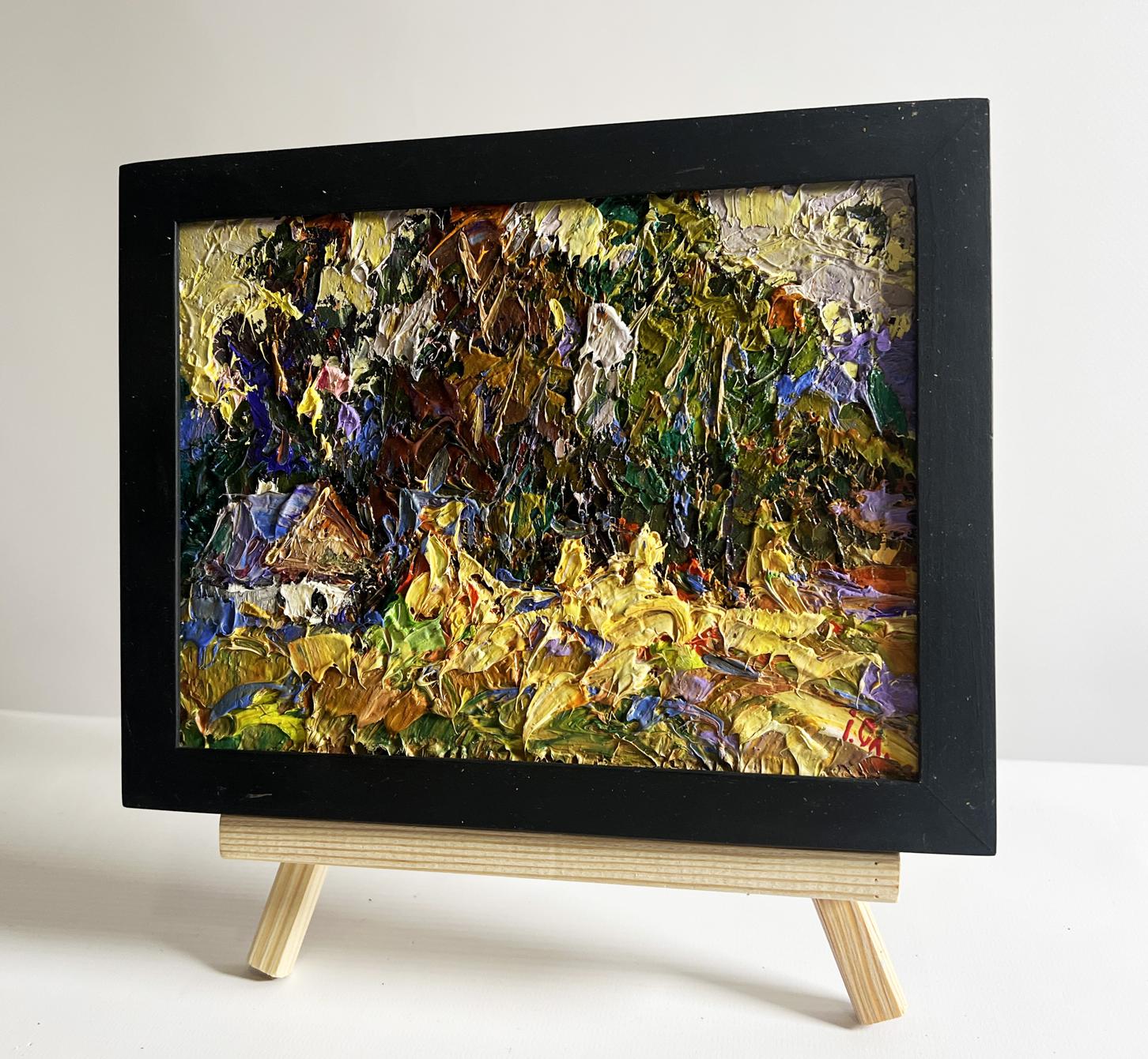 Oil painting of corn fields in village by Oleksiy Ivanyuk, autumnal impasto foliage