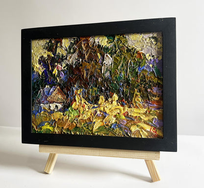 Oil painting of corn fields in village by Oleksiy Ivanyuk, autumnal impasto foliage